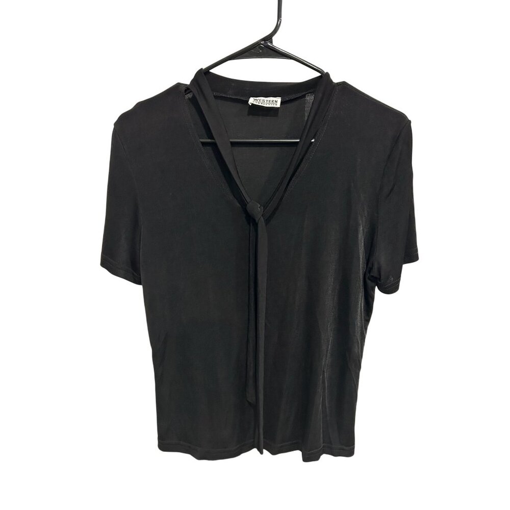 Western Connection Black Short Sleeve Stretch Tie Neck Blouse Cowgirl Core